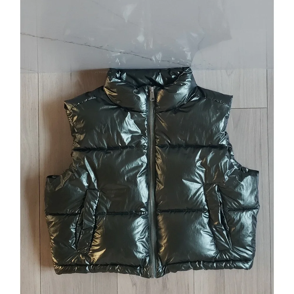 New Look Puffer Vest Girls‎ 14-15 Green Shiny Metallic Gilet Outerwear